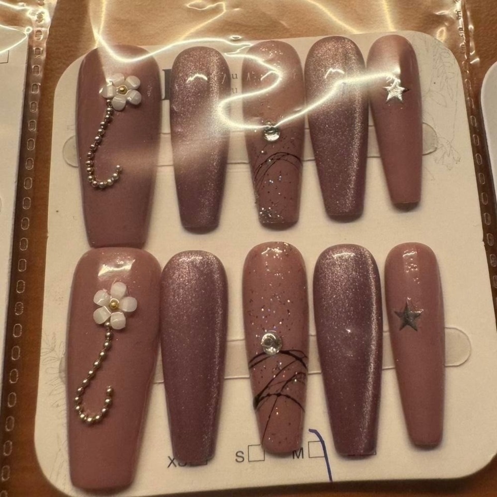 Press On Nails Mauve Flower Star Rhinestone Coffin Long False Nails‎